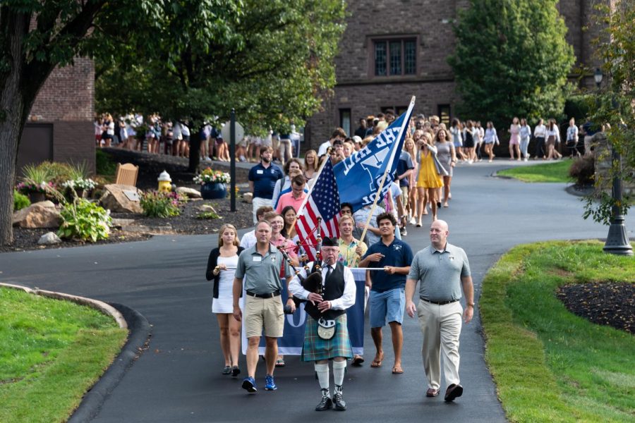 This procession marches through campus during Convocation 2019. 
Photo Courtesy of Hill Snap Shots