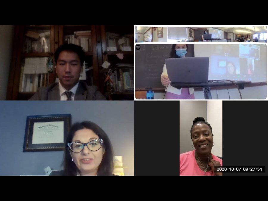 Fourth former Jason Zhou (top left) talks to Pottstown Mayor Stephanie Henrick (bottom left) and Pottstown Councilor Trenita Lindsay (bottom right) about the differences between China and America in confronting the COVID-19 pandemic. Photo by Noah Toole ’22