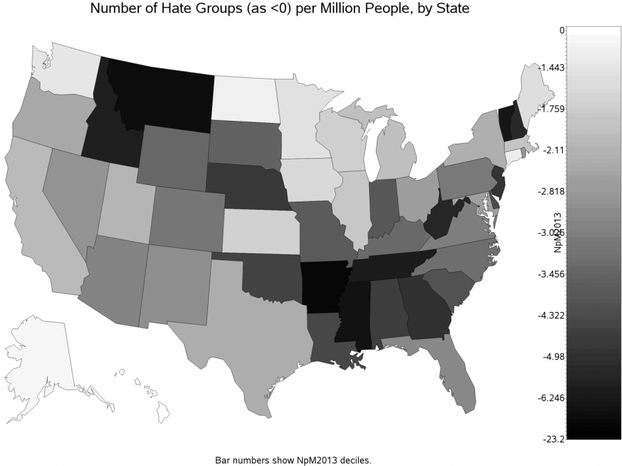 This graphic displays the number of hate groups, by state, on the Southern Poverty Law Centers 2013 list, normalized to U.S. Census estimates for 2013. Graphic source: Derntno, via Wikimedia Commons