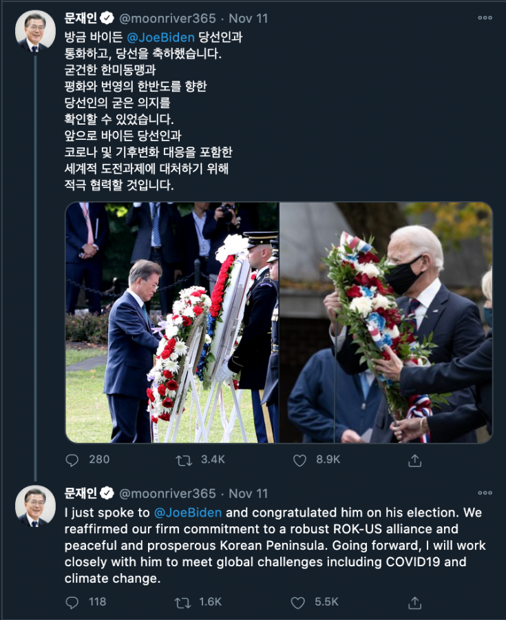 On Nov. 11, Koreas president Moon Jae-In congratulated Joe Biden on his win in the United States 2020 Presidential Election. Graphic screen shotted from Twitter. 
