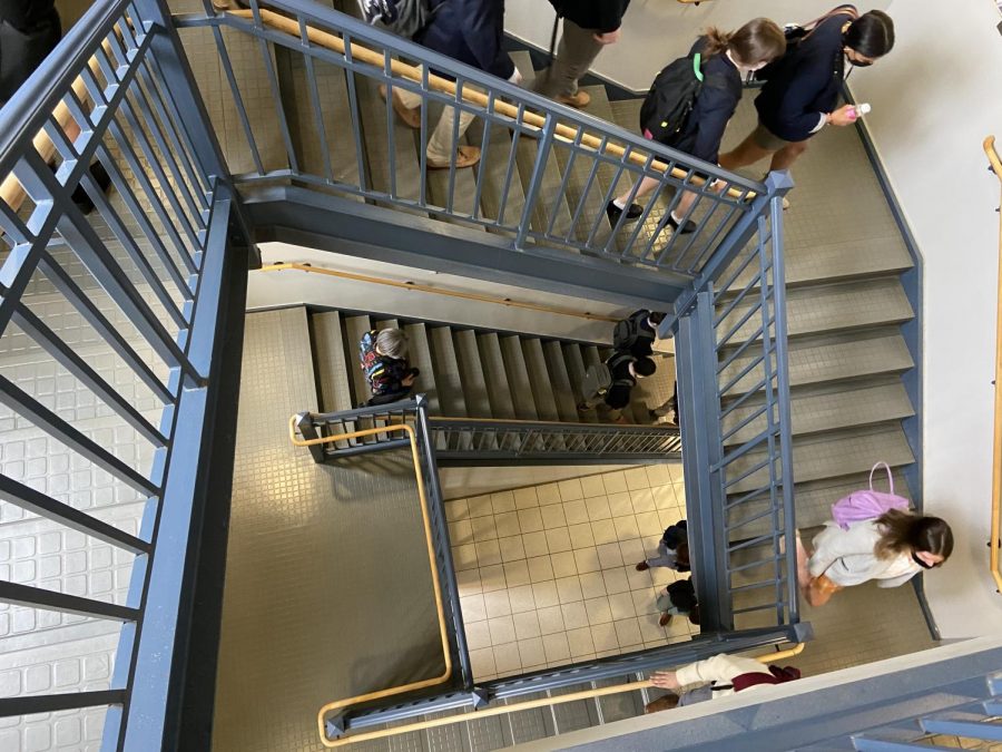 Students travel down the one-way staircase. Photo by Noah Toole 22