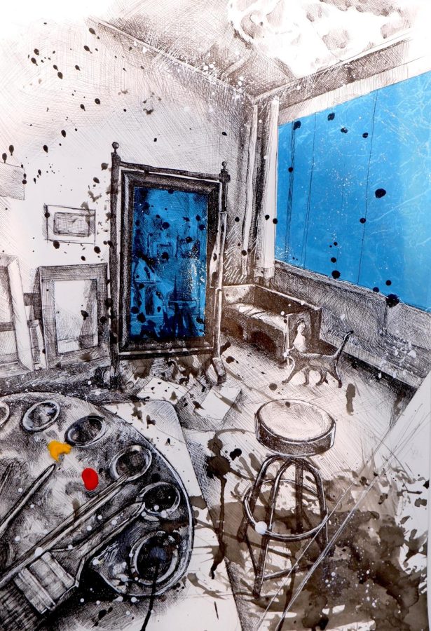 Sarah Jiang ‘22 used ink to render a studio with color highlights.