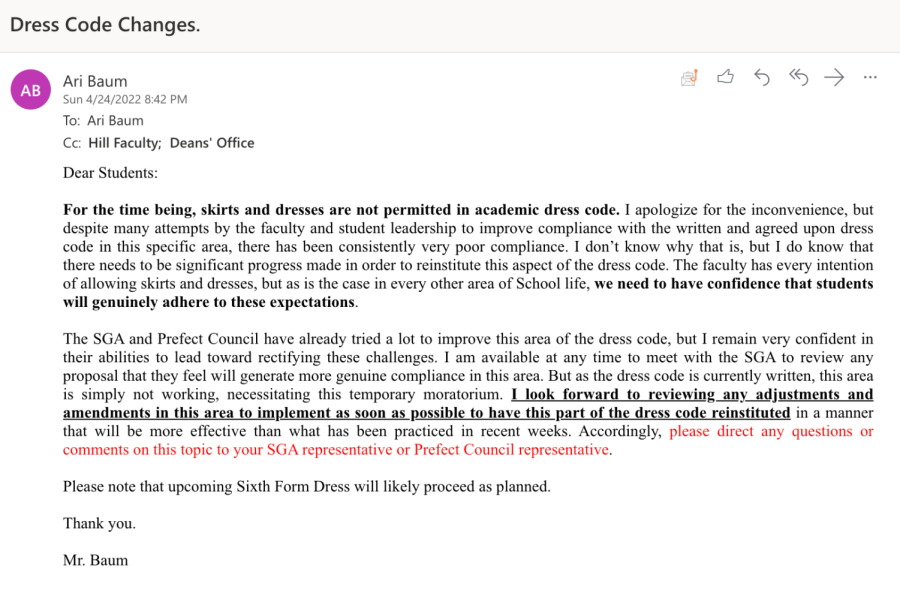 Dean of Students Ari Baum sent out an email on April 24 announcing a ban on skirts and dresses.