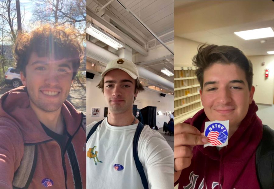From left to right, University of Pittsburgh sophomore Matthew Benik 21, Lehigh University freshman Dylan Coffey 22, and Dickinson College freshman Grant Deshishku 22 pose with the I Voted  sticker after voting for the 2022 midterm election.