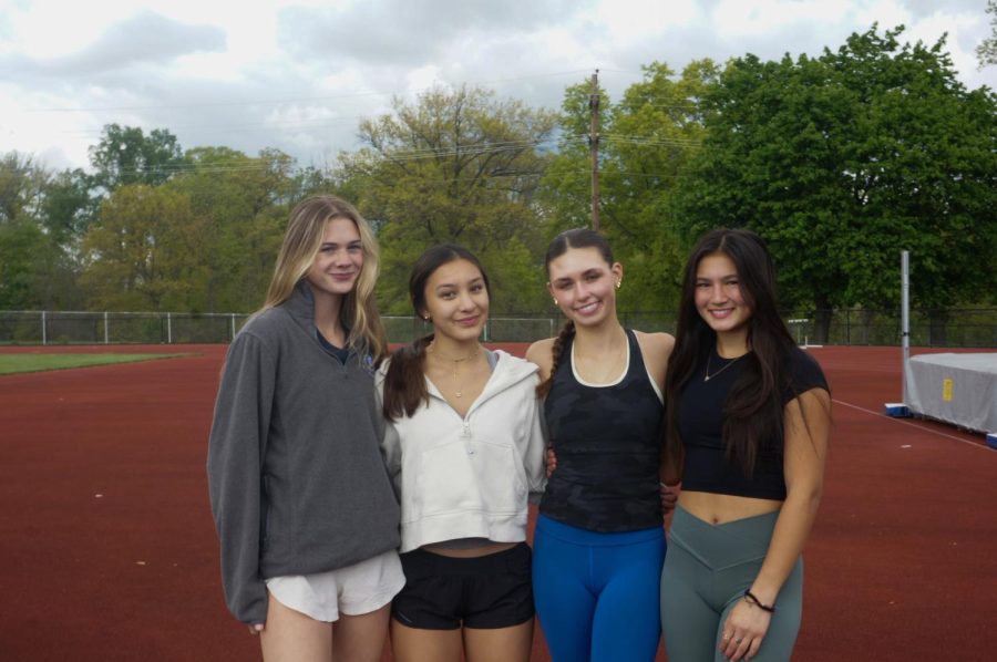 From left to right: Colette Zidek 23, Sarah Kenvin 23, Ella Kaplan 25 and Riley Savage 25 broke the Hill Womens Outdoor Track and Field Sprint Medley Relay record.