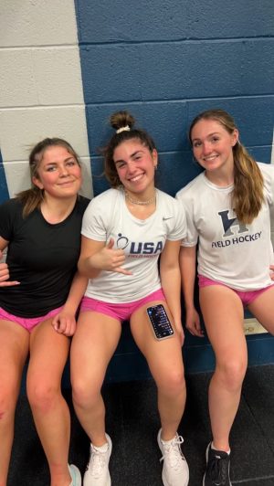 Anastasia Krafczek '25, Hala Silverstein '23, and Emilie Kirschner '23 do a wall sit during female only gym hours.