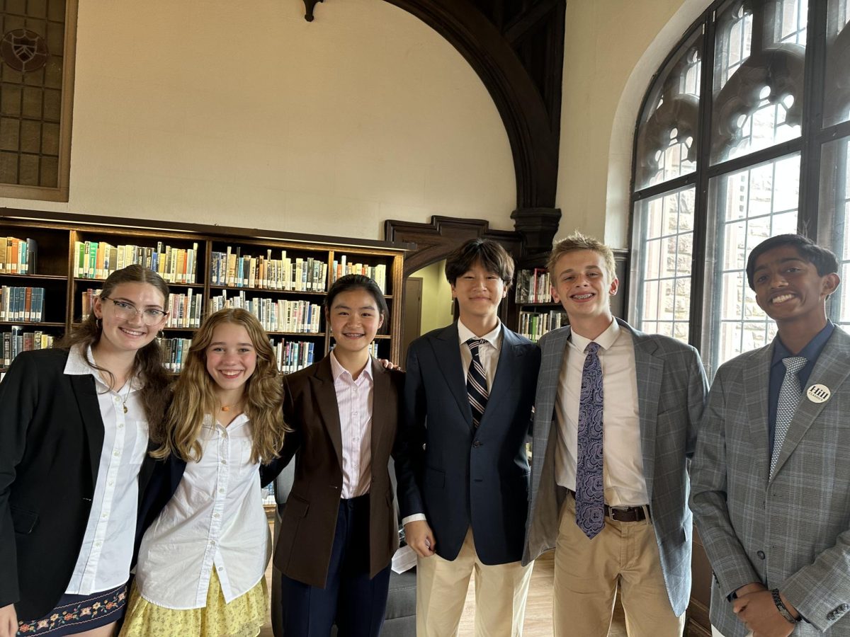 Saorise Harlan '27, Ella Armstrong '27, Caitlin Tan '27, Ben Choi '27, Jackson Bala '27 and Tommy Gill '27 after the SGA debate which saw Choi and Armstrong elected as new SGA senators.