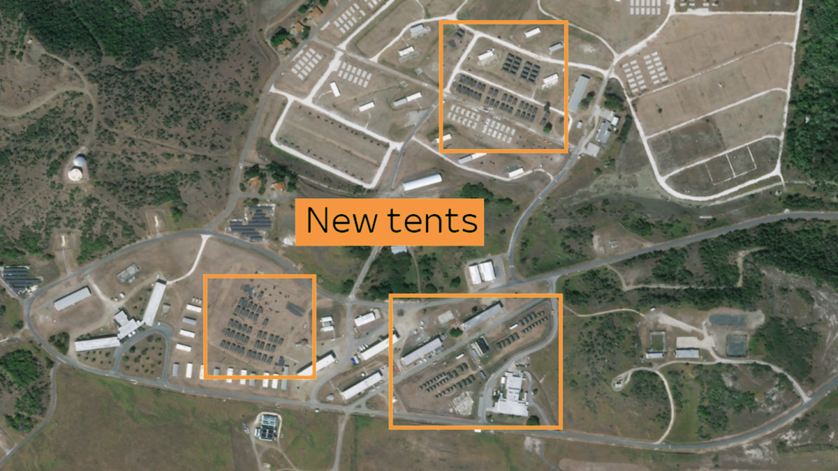 The expansion of migrant facilities in Guantanamo Bay can be seen within the highlighted areas. Earlier this year, the Trump administration announced plans to use the controversial naval base to hold and deport 30,000 migrants. 